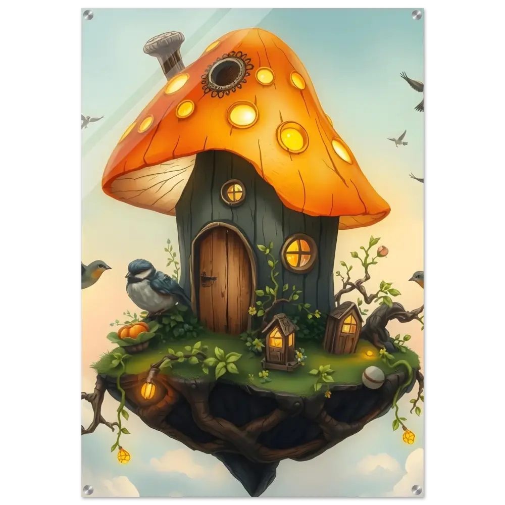 Whimsical Mushroom Skyhouse on floating island acrylic print for fairy tale bedroom decor