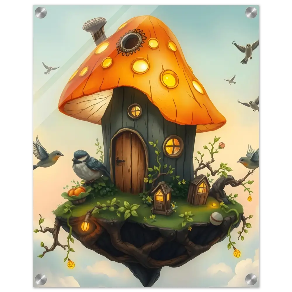 Whimsical mushroom house on floating island acrylic print for fairy tale wall decor