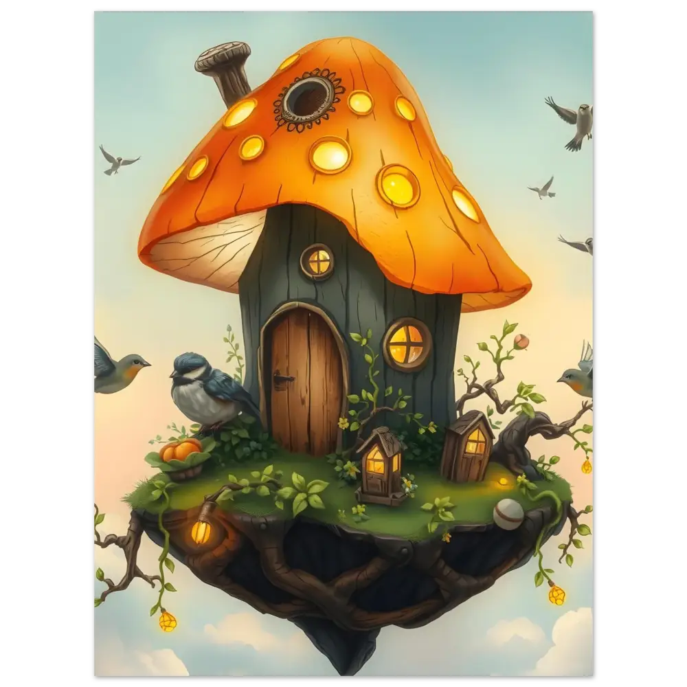 Whimsical mushroom house on a floating island in PixiOnyx Skyhouse poster fine art print