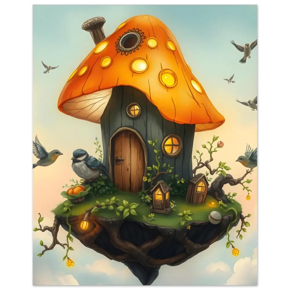 Whimsical mushroom house on a floating island in PixiOnyx Mushroom Skyhouse Poster