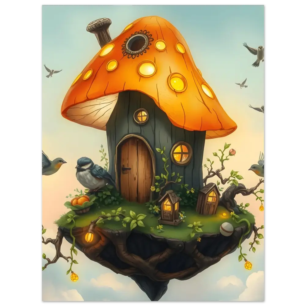 Whimsical mushroom house on floating island, PixiOnyx Mushroom Skyhouse Poster art