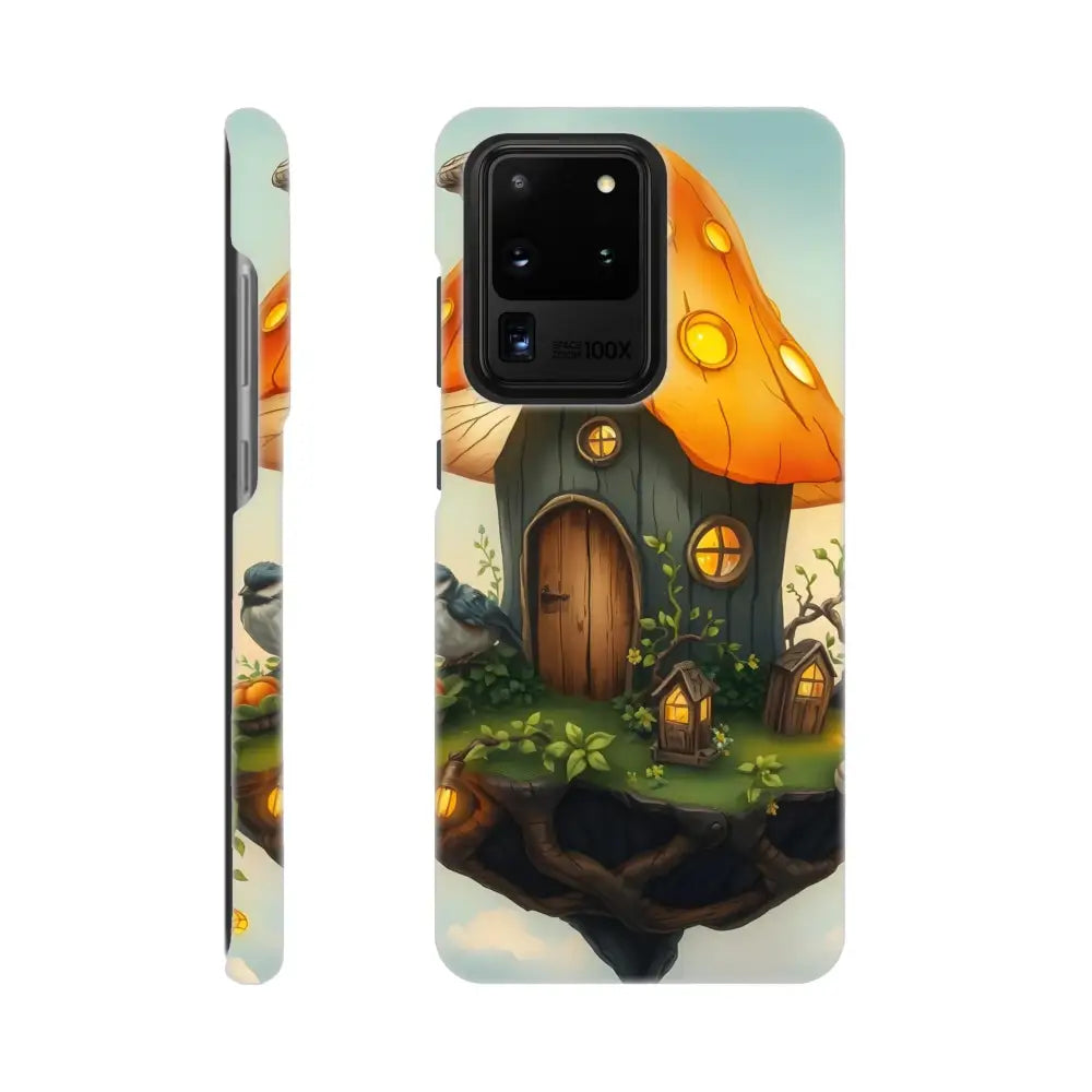 Phone case featuring a whimsical mushroom house design from Mushroom Skyhouse Samsung Case series