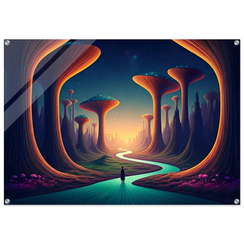 Framed surreal landscape art from Mushroom Valley Mindwalk acrylic wall print