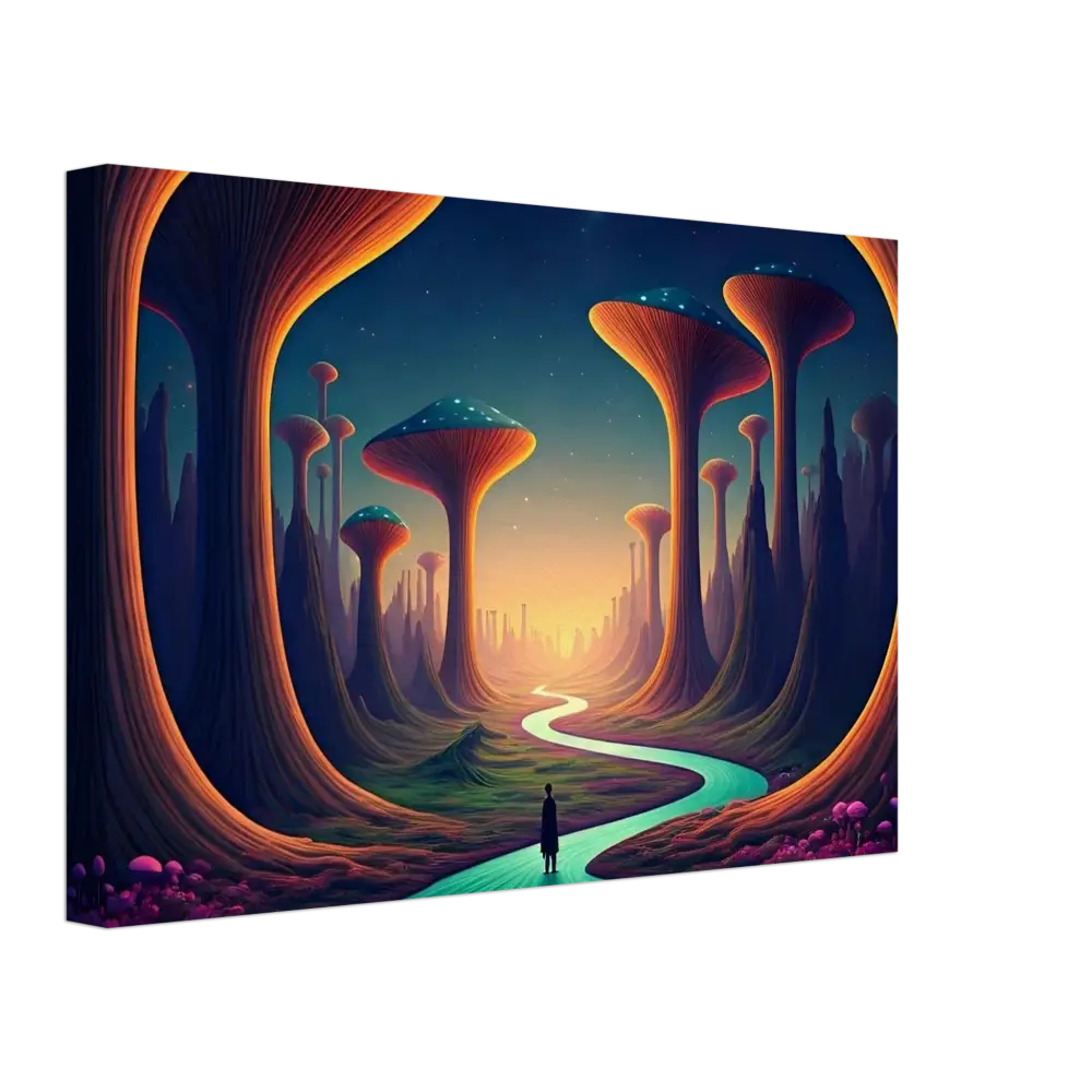 Surreal landscape canvas art featuring Mushroom Valley for PixiOnyx Nature Wall Art