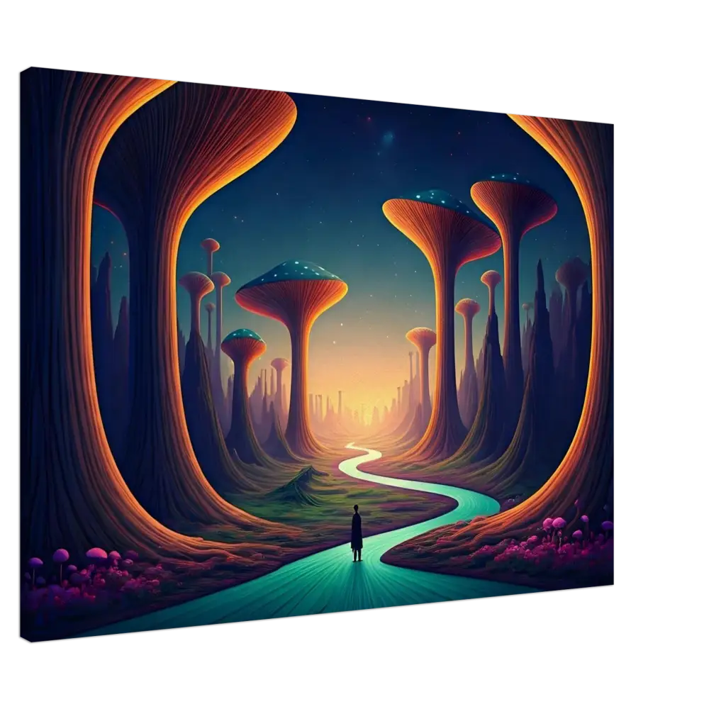 Surreal Landscape with Winding River and Mushroom-Like Trees Canvas Wall Art