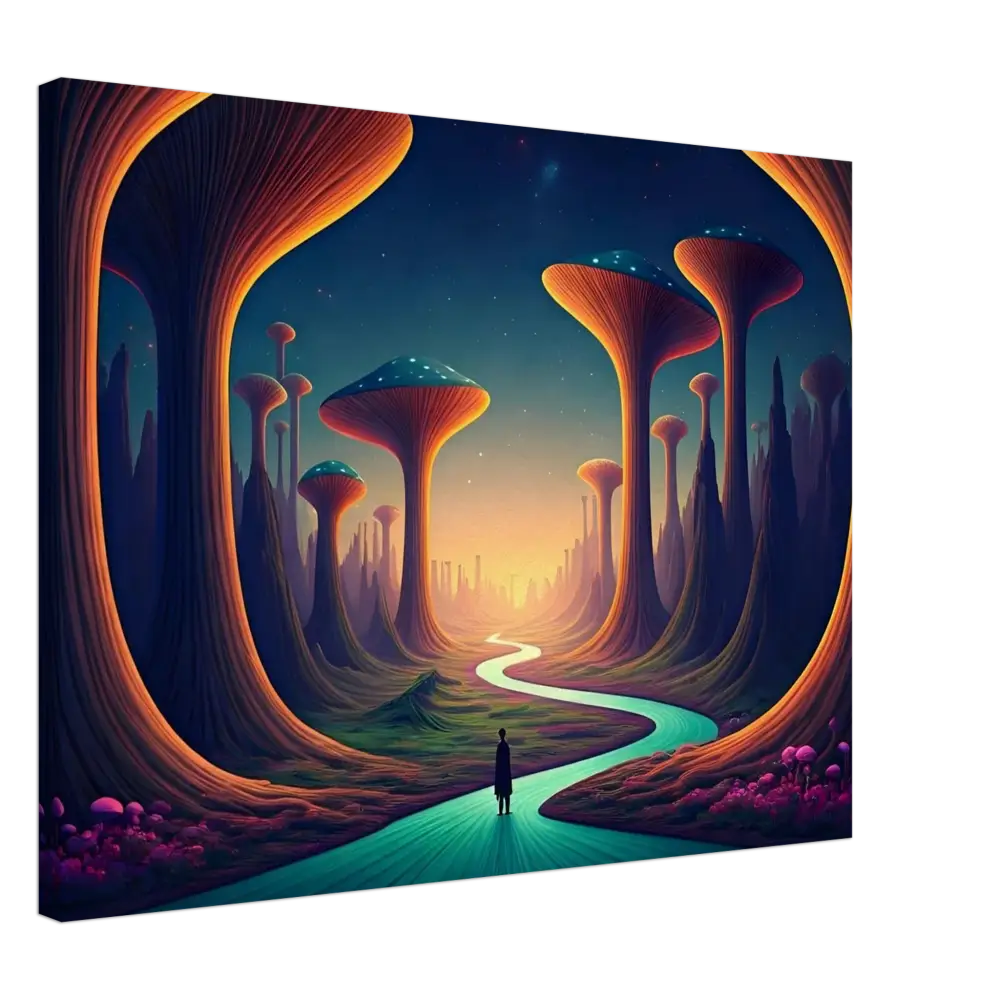 Surreal landscape painting showcasing vibrant colors and fantastical scenery in Mushroom Valley