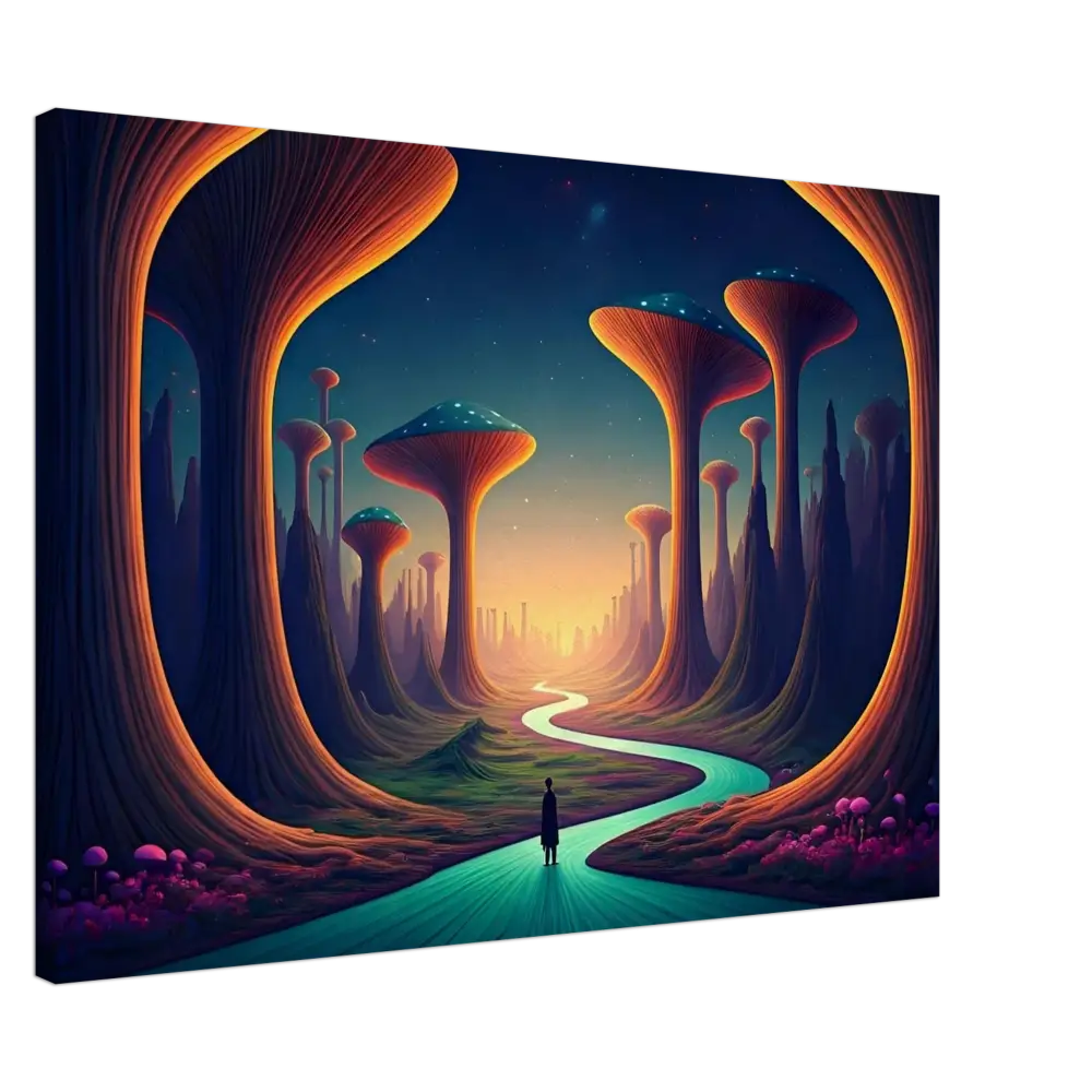 Surreal landscape with mushroom-shaped trees and winding river in Mushroom Valley Mindwalk canvas print