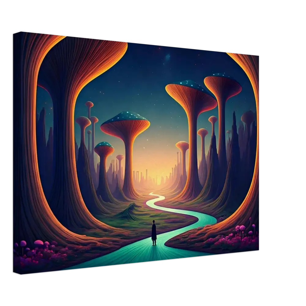 Surreal landscape with mushroom-like trees and winding river on Mushroom Valley Mindwalk Canvas Print
