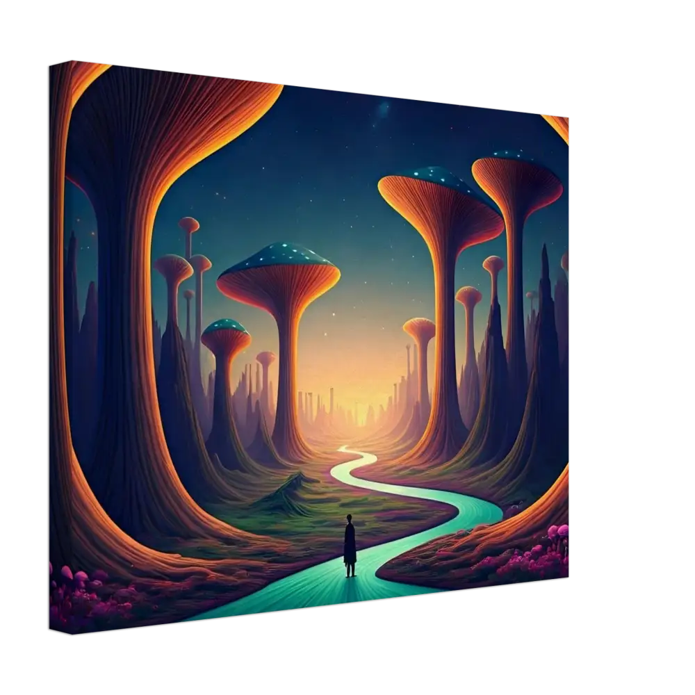 Surreal landscape canvas art featuring Mushroom Valley for PixiOnyx Wall Art