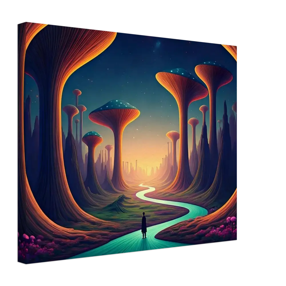 Surreal landscape with mushroom-like structures on Mushroom Valley Mindwalk Canvas Print