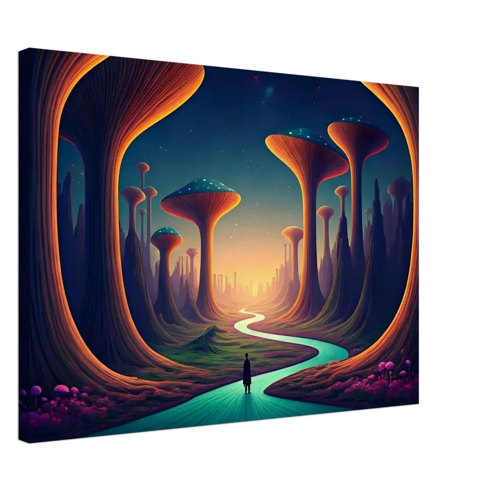 Surreal landscape with mushroom-like trees on Mushroom Valley Mindwalk Canvas Print