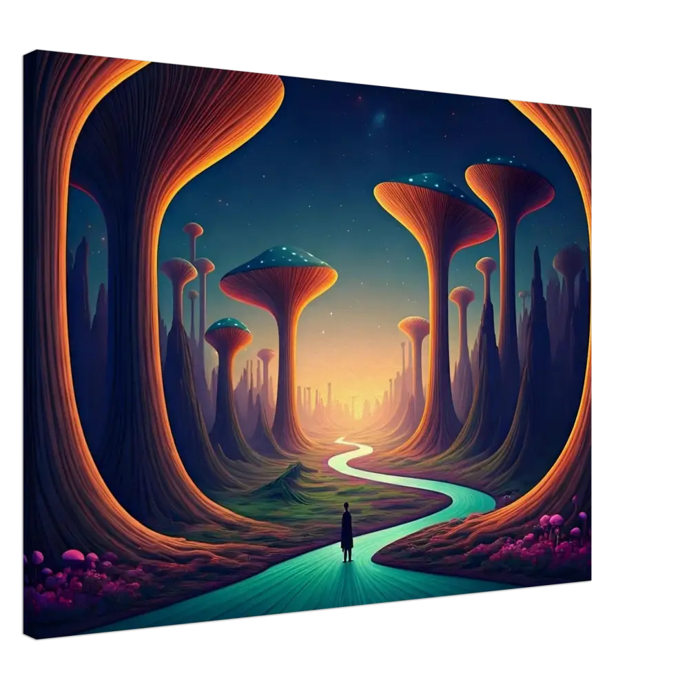 Surreal mushroom landscape art displayed on Mushroom Valley Mindwalk Canvas Print