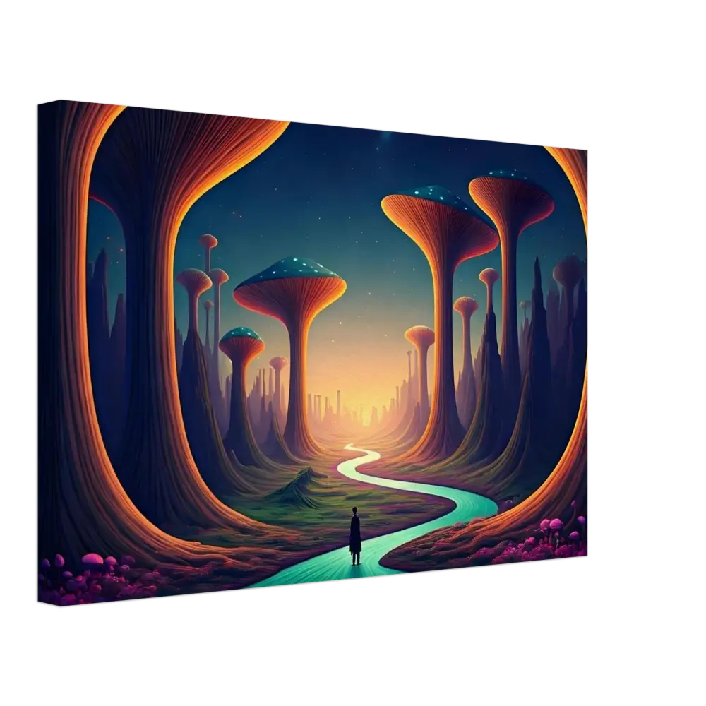 Surreal landscape canvas art of Mushroom Valley Mindwalk for PixiOnyx Nature Wall Art