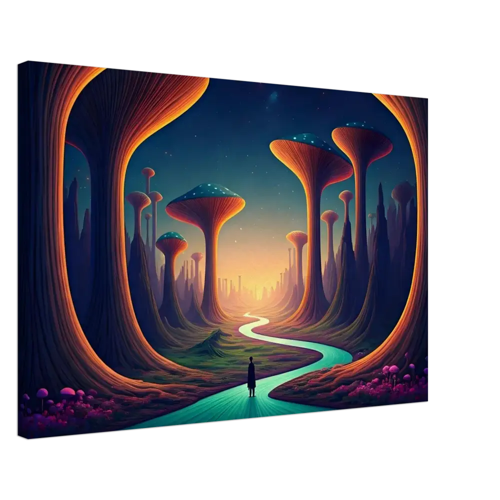Surreal alien landscape with a figure on winding river in Mushroom Valley Mindwalk Canvas Print