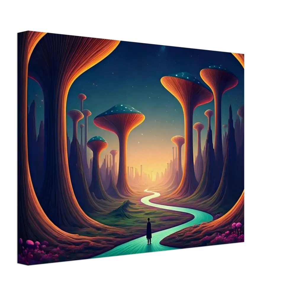 Surreal landscape painting with mushroom-like trees on Mushroom Valley Mindwalk Canvas Print