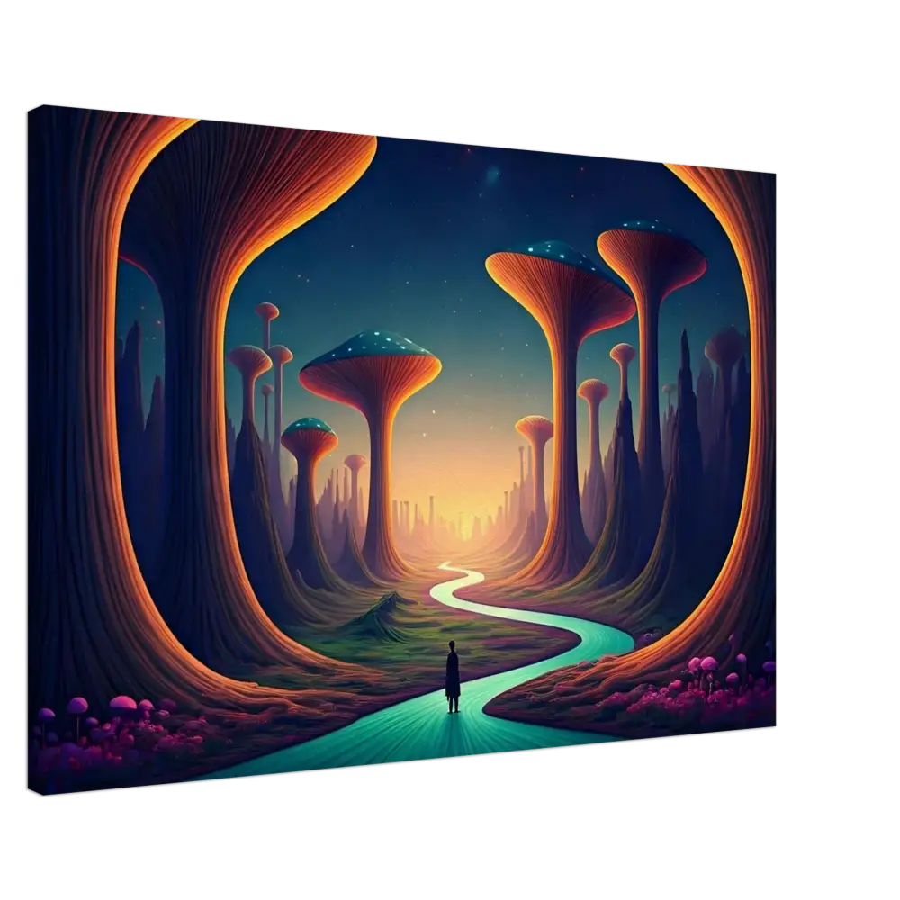 Surreal landscape painting titled Mushroom Valley Mindwalk on PixiOnyx Canvas Wall Art