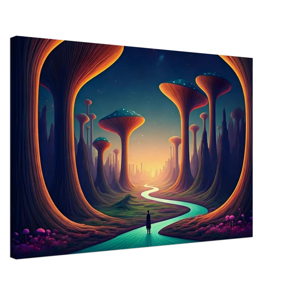 Surreal landscape painting with a figure walking along a turquoise river for Mushroom Valley Mindwalk Canvas Print