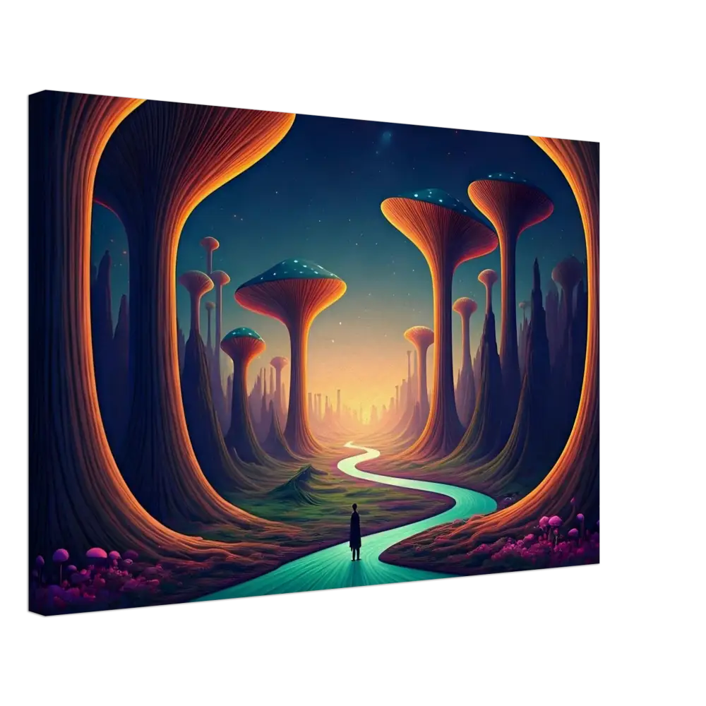 Surreal landscape painting of Mushroom Valley Mindwalk on PixiOnyx Canvas Wall Art