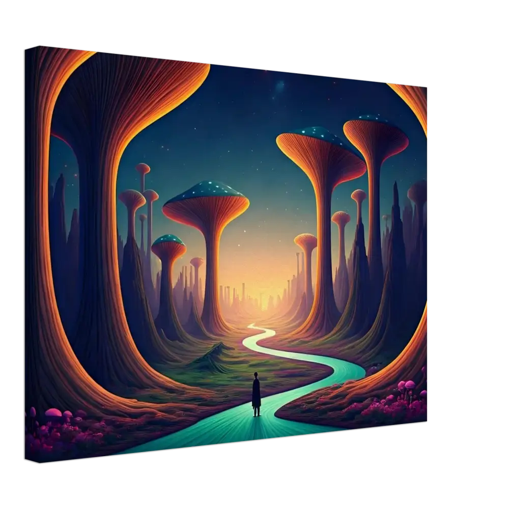 Surreal mushroom landscape canvas print featured in Mushroom Valley Mindwalk Wall Art
