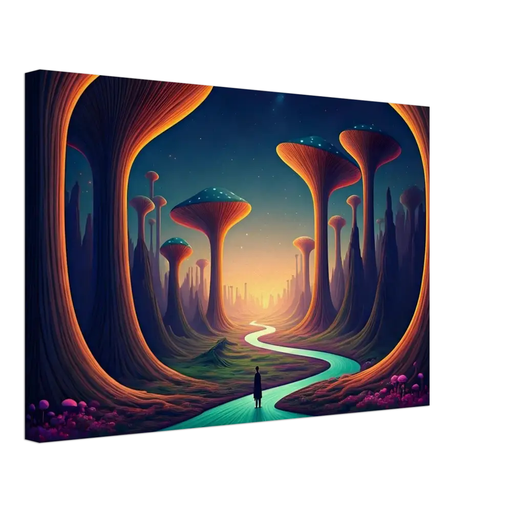 Surreal landscape canvas art showcasing Mushroom Valley in Mindwalk on PixiOnyx Wall Art