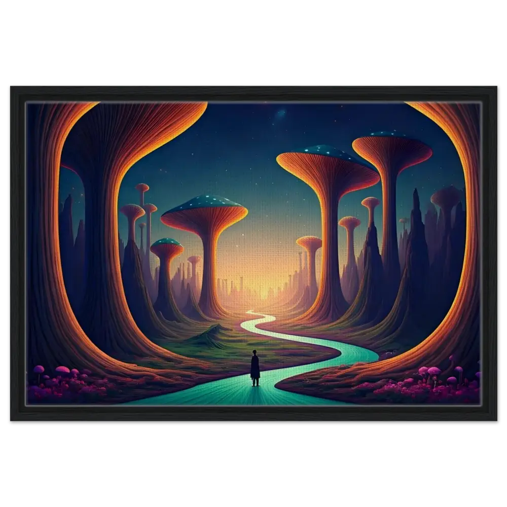 Framed surreal landscape painting from Mushroom Valley Mindwalk canvas art display