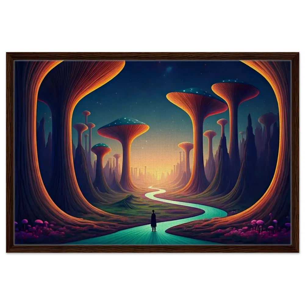 Framed surreal landscape painting from Mushroom Valley Mindwalk Canvas Art by PixiOnyx