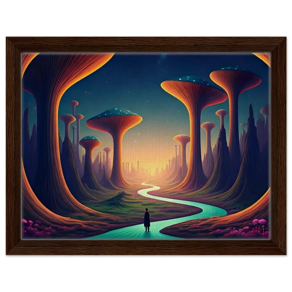 Framed surreal landscape painting from Mushroom Valley Mindwalk Canvas Art by PixiOnyx
