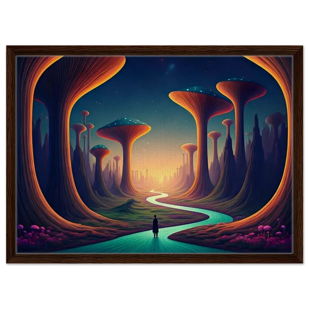 Framed surreal landscape painting from Mushroom Valley Mindwalk canvas art display
