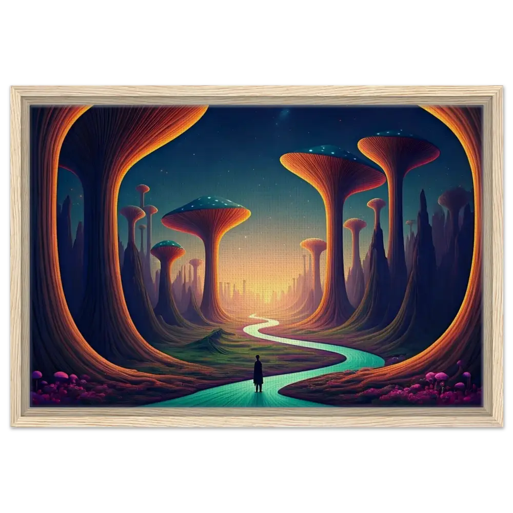 Framed surreal landscape painting displayed in Mushroom Valley Mindwalk Canvas Art by PixiOnyx