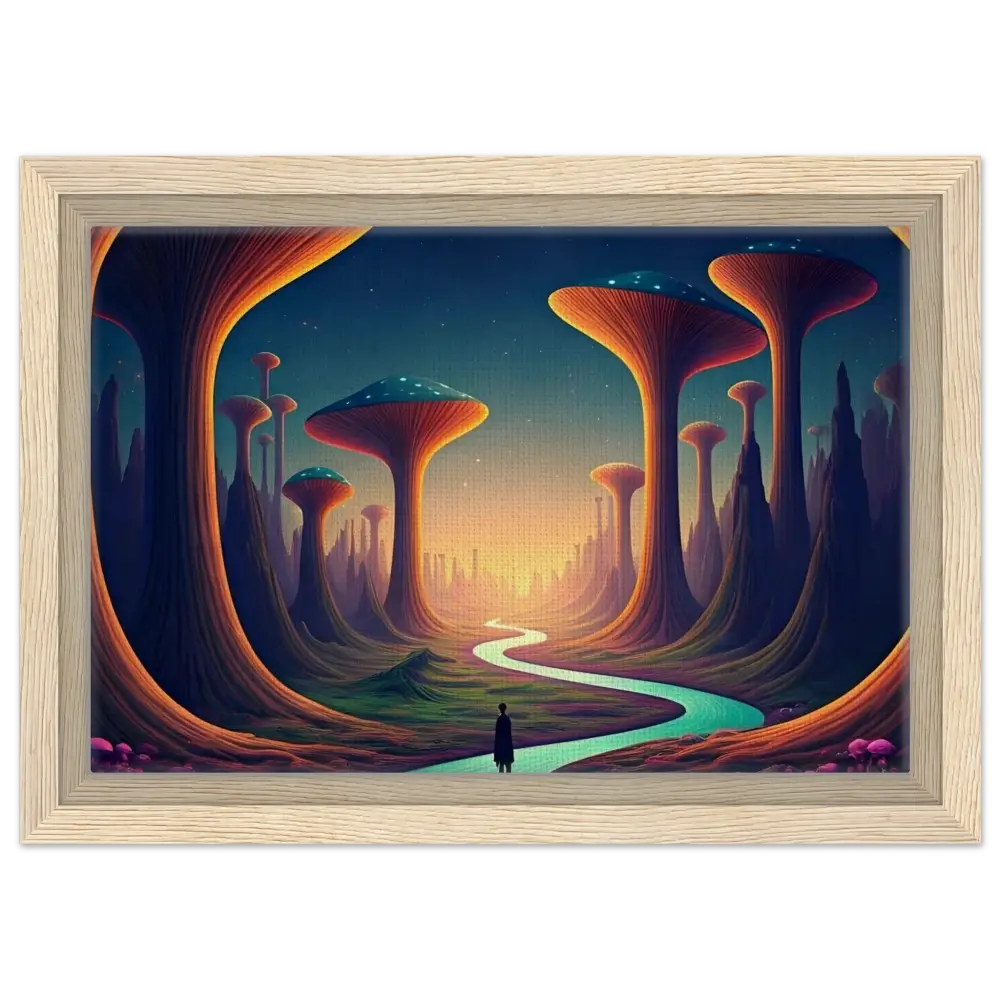 Framed surreal landscape painting from Mushroom Valley Mindwalk Canvas Art by PixiOnyx
