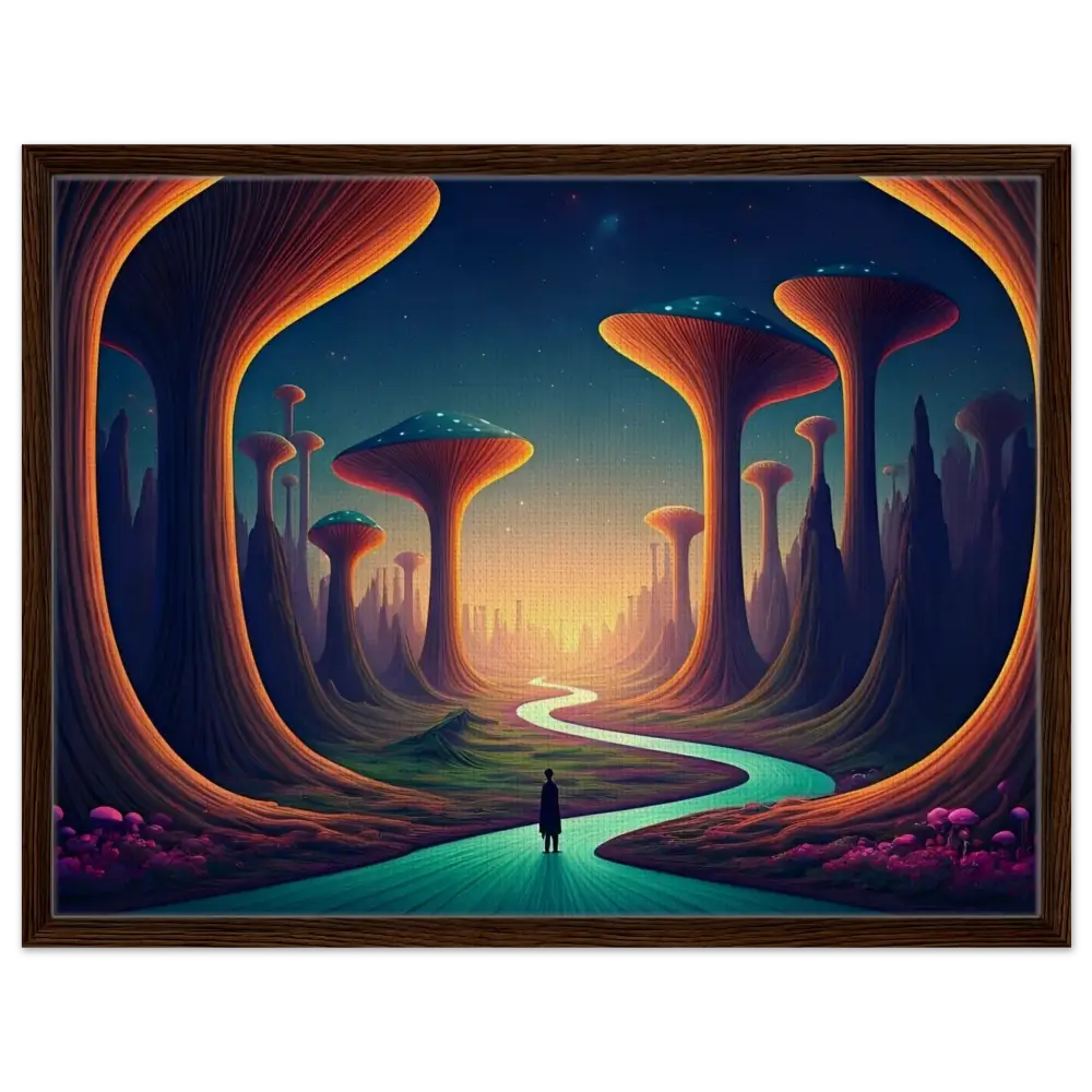 Framed surreal landscape painting in Mushroom Valley Mindwalk Canvas Art by PixiOnyx