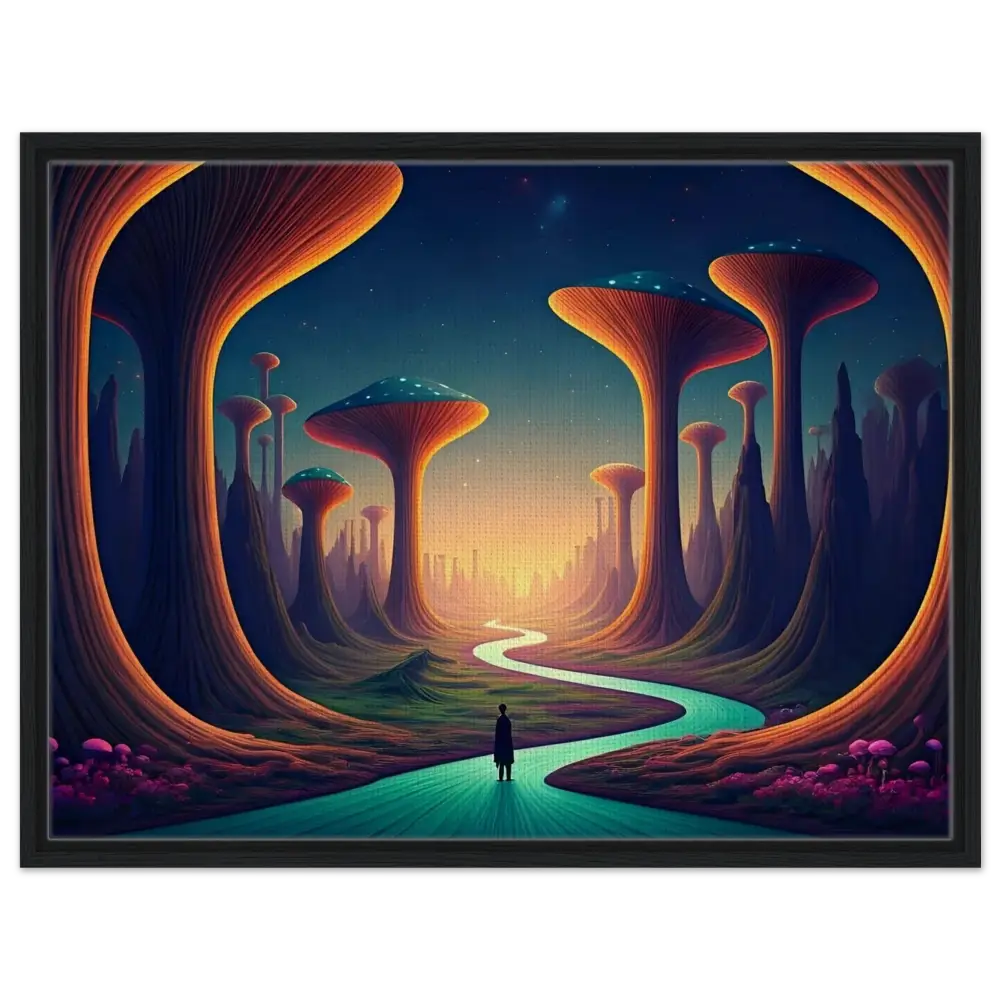 Surreal landscape painting artwork on Mushroom Valley Mindwalk framed canvas from PixiOnyx Dreamworld Display