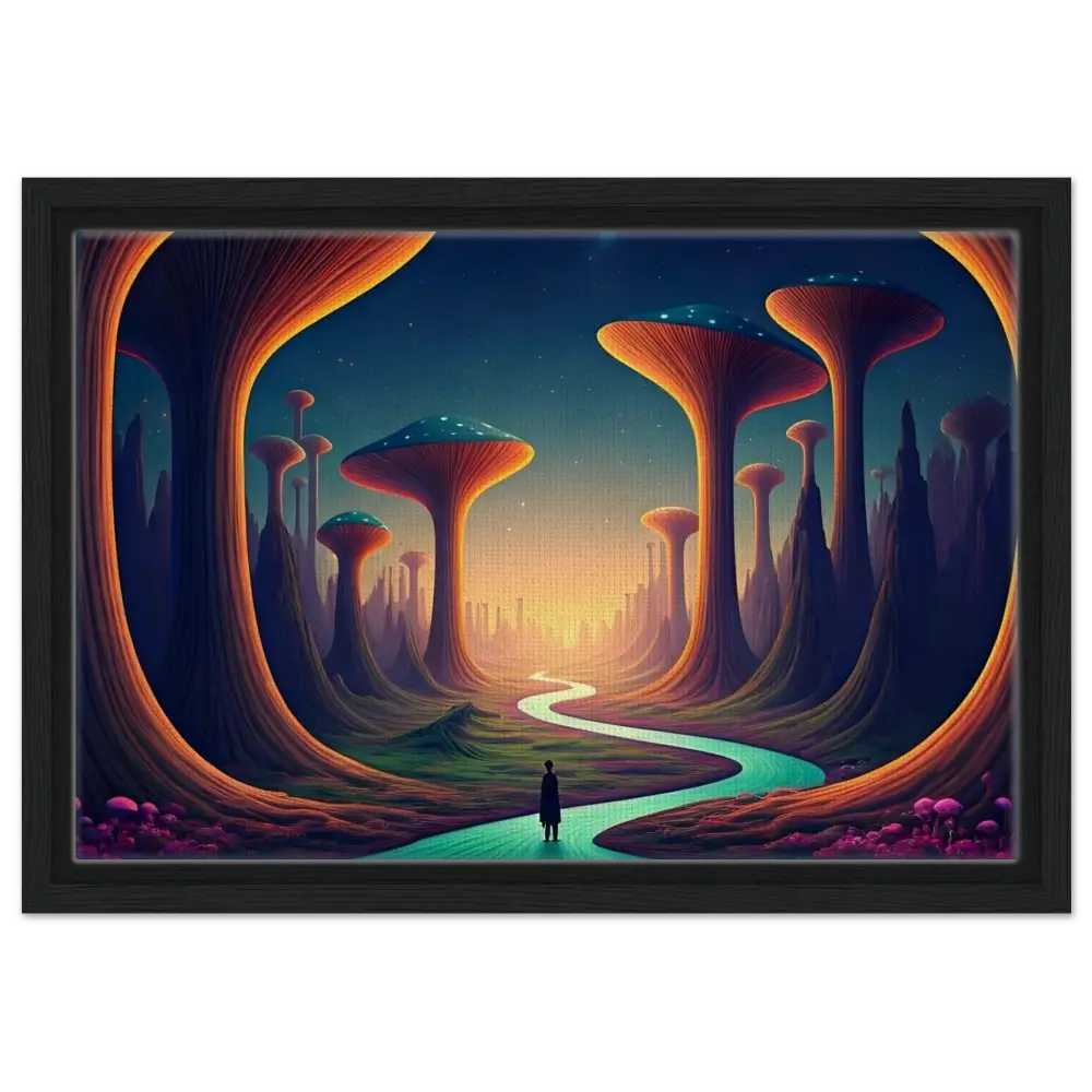 Framed surreal landscape painting from Mushroom Valley Mindwalk displayed on PixiOnyx Dreamworld Display