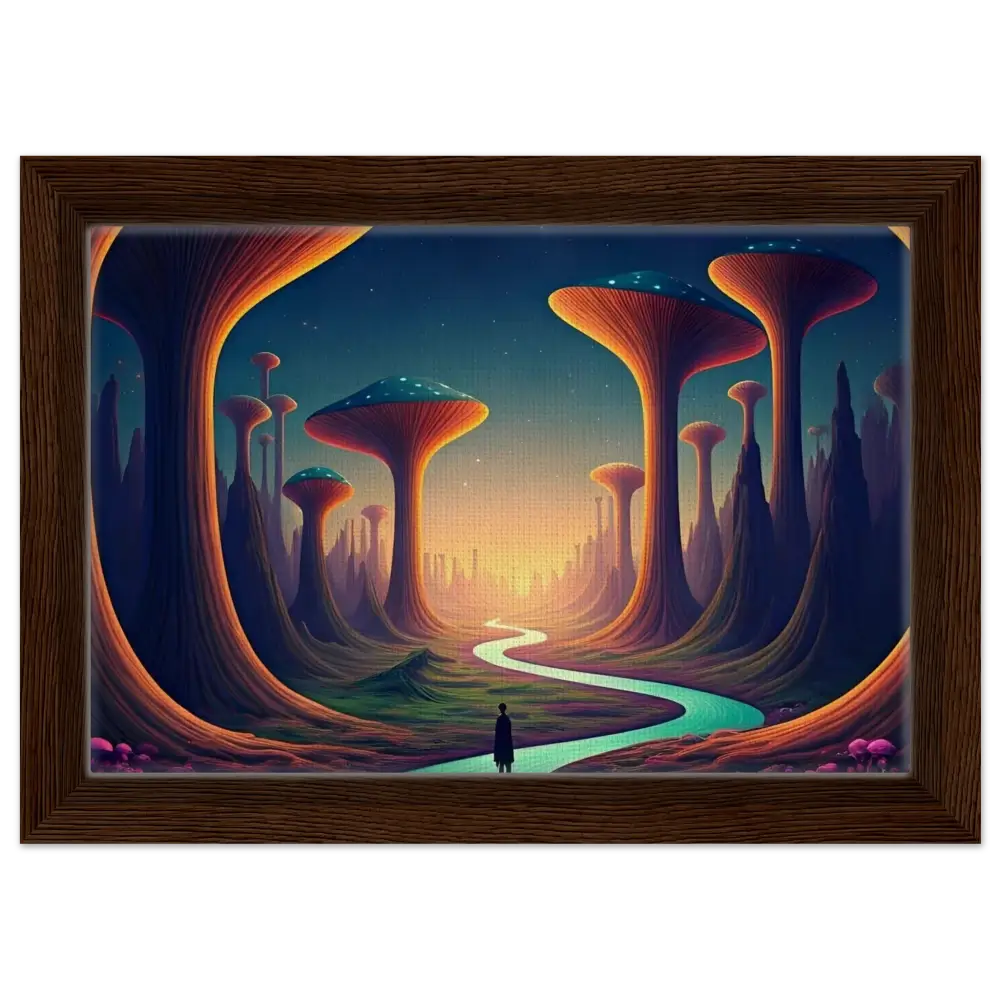 Framed fantasy landscape painting from Mushroom Valley Mindwalk Canvas Art by PixiOnyx