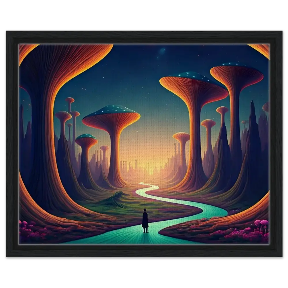 Framed surreal landscape painting from Mushroom Valley Mindwalk Canvas Art by PixiOnyx