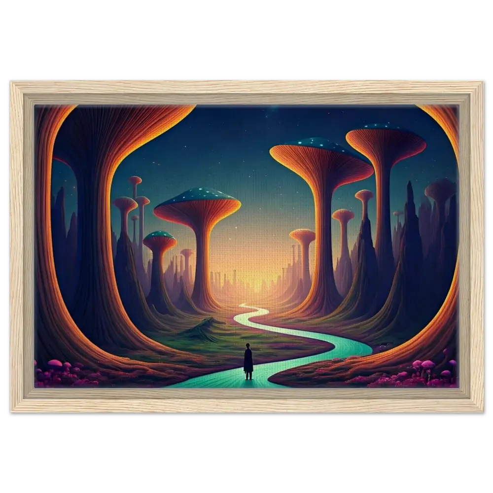Framed surreal landscape painting from Mushroom Valley Mindwalk displayed on PixiOnyx Dreamworld Display