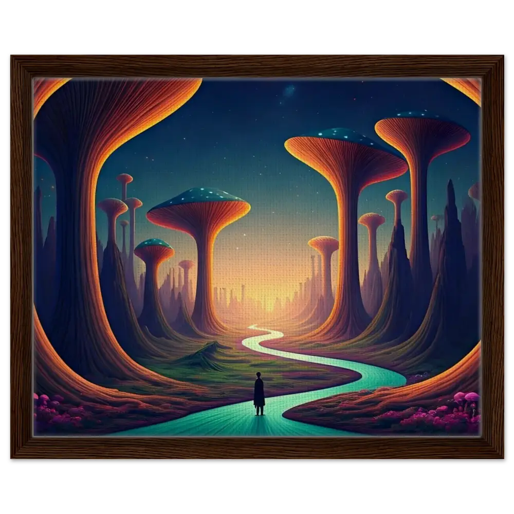 Framed surreal landscape painting from Mushroom Valley Mindwalk Canvas Art Display