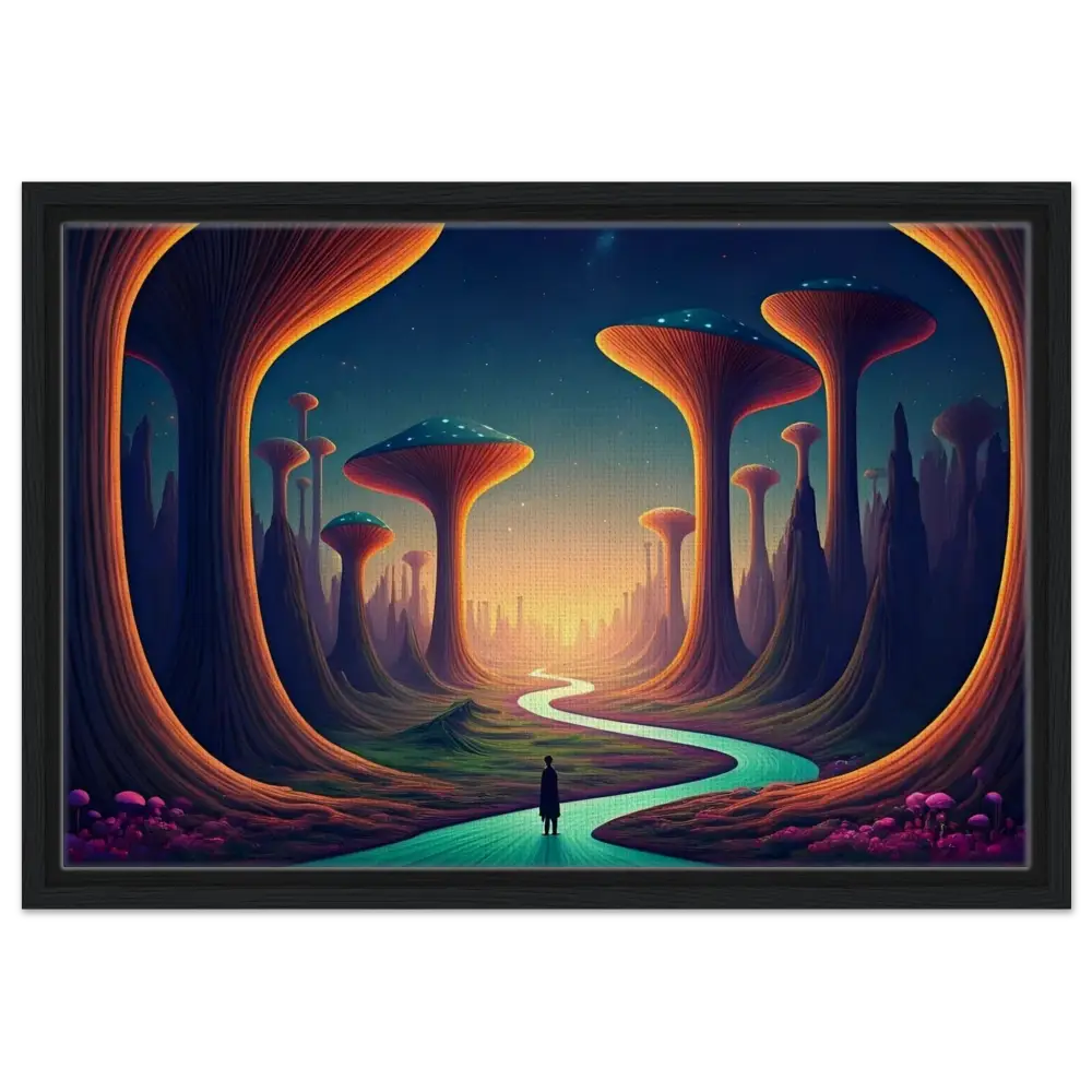 Framed surreal landscape artwork in Mushroom Valley Mindwalk Canvas Display