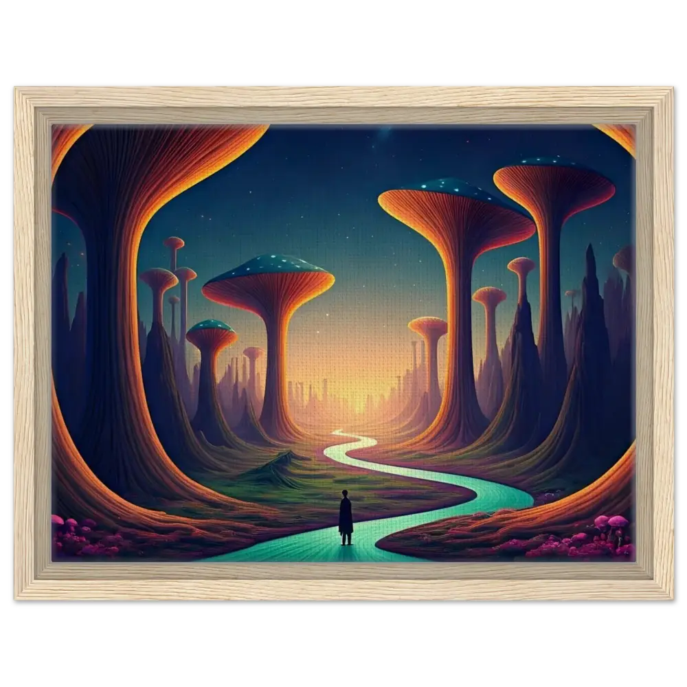 Framed surreal landscape painting from Mushroom Valley Mindwalk displayed on PixiOnyx Dreamworld Display