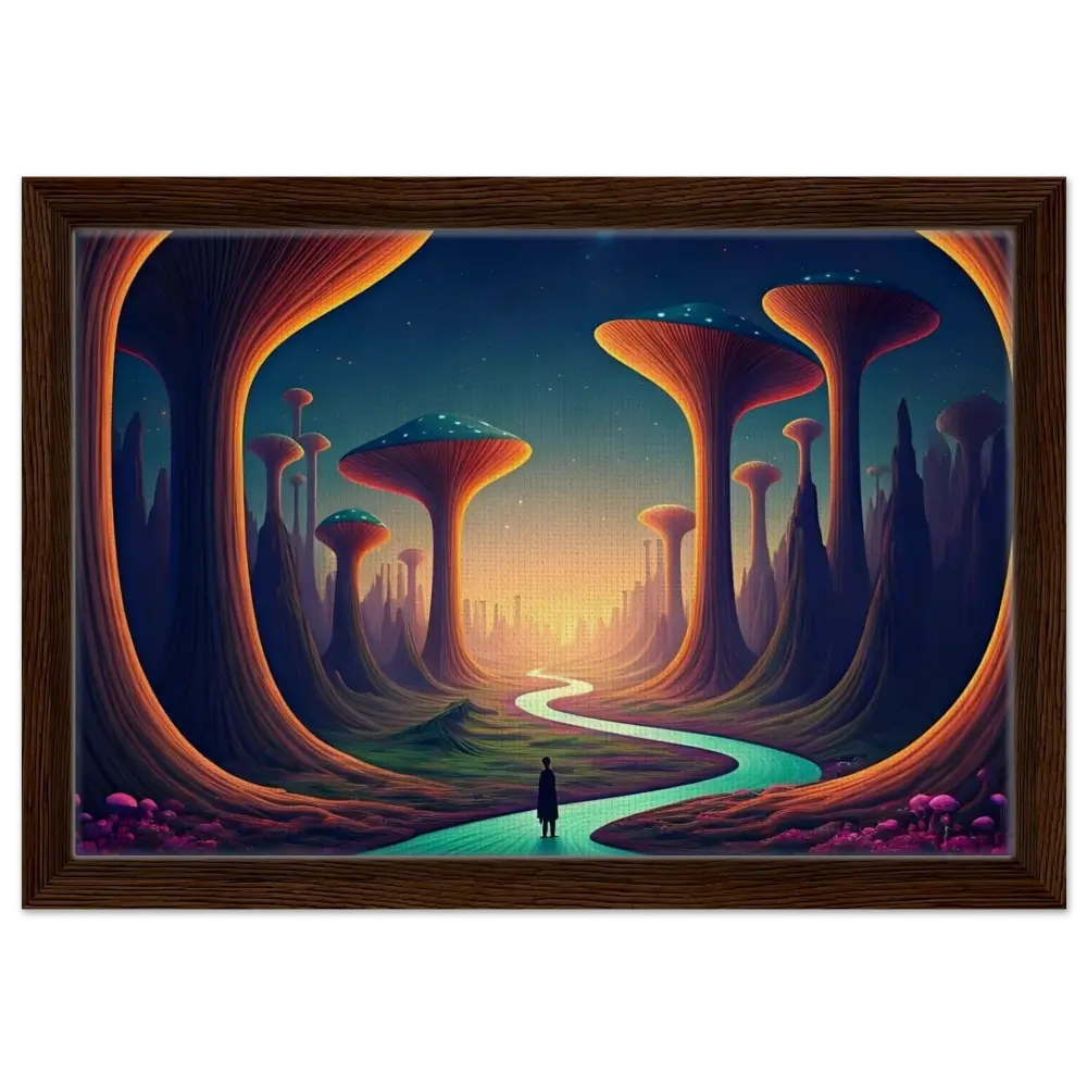 Framed surreal landscape painting from Mushroom Valley Mindwalk displayed on PixiOnyx Dreamworld