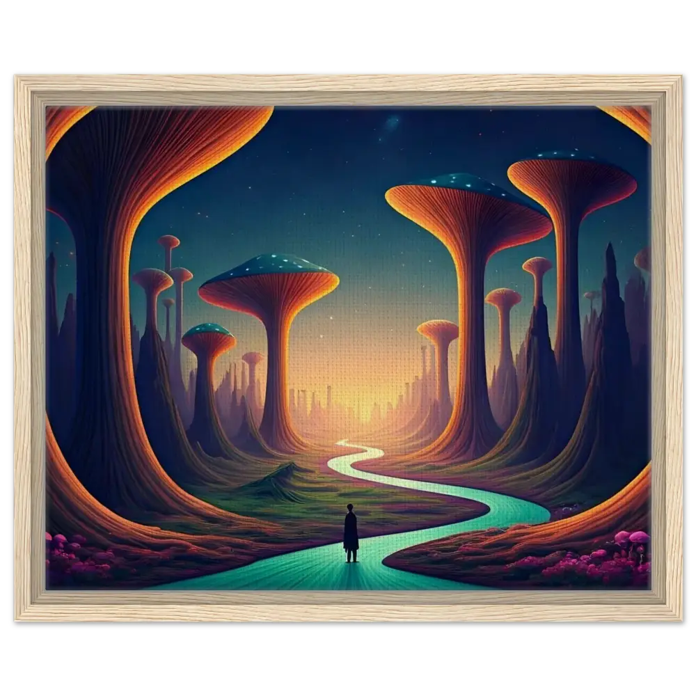 Framed surreal landscape painting from Mushroom Valley Mindwalk Canvas Art by PixiOnyx