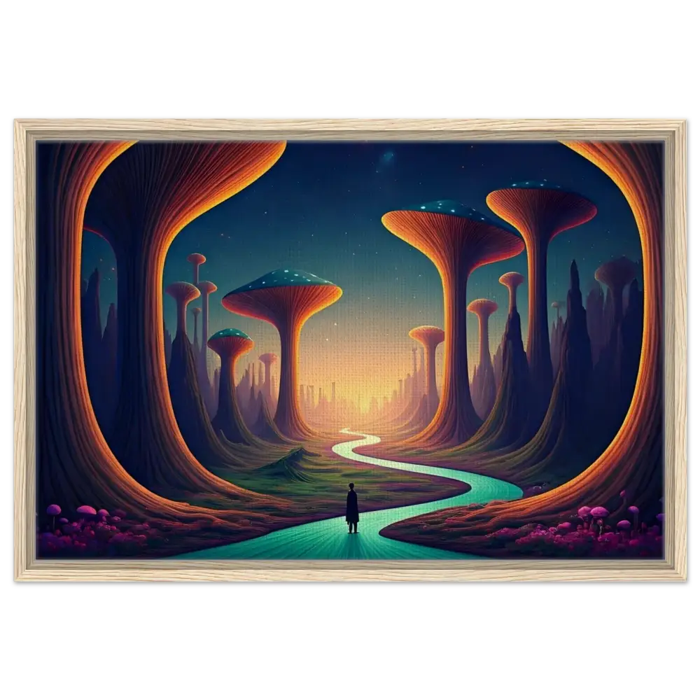 Framed surreal landscape painting from Mushroom Valley Mindwalk Canvas Art on PixiOnyx Dreamworld Display