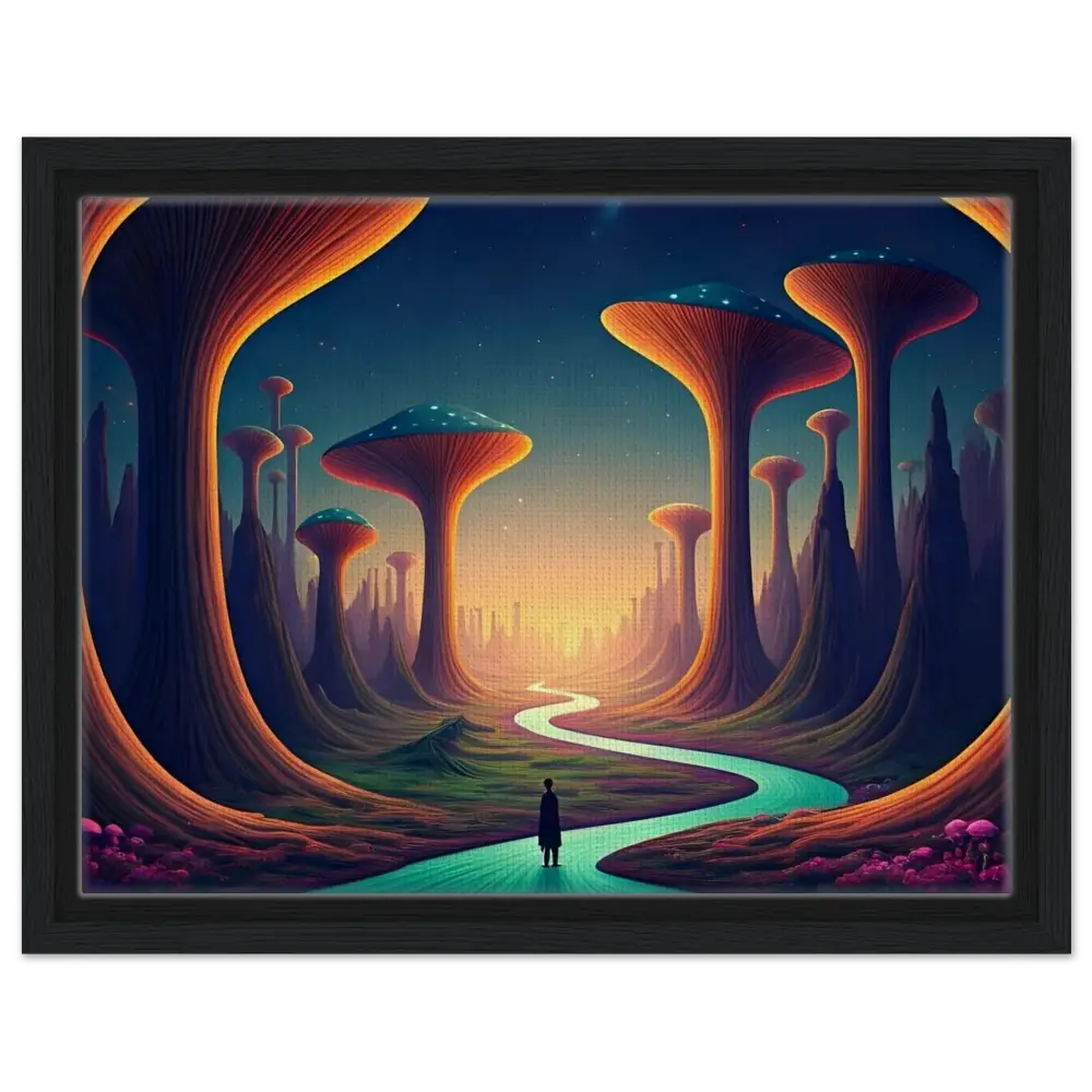 Framed surreal landscape painting from Mushroom Valley Mindwalk Canvas Art by PixiOnyx