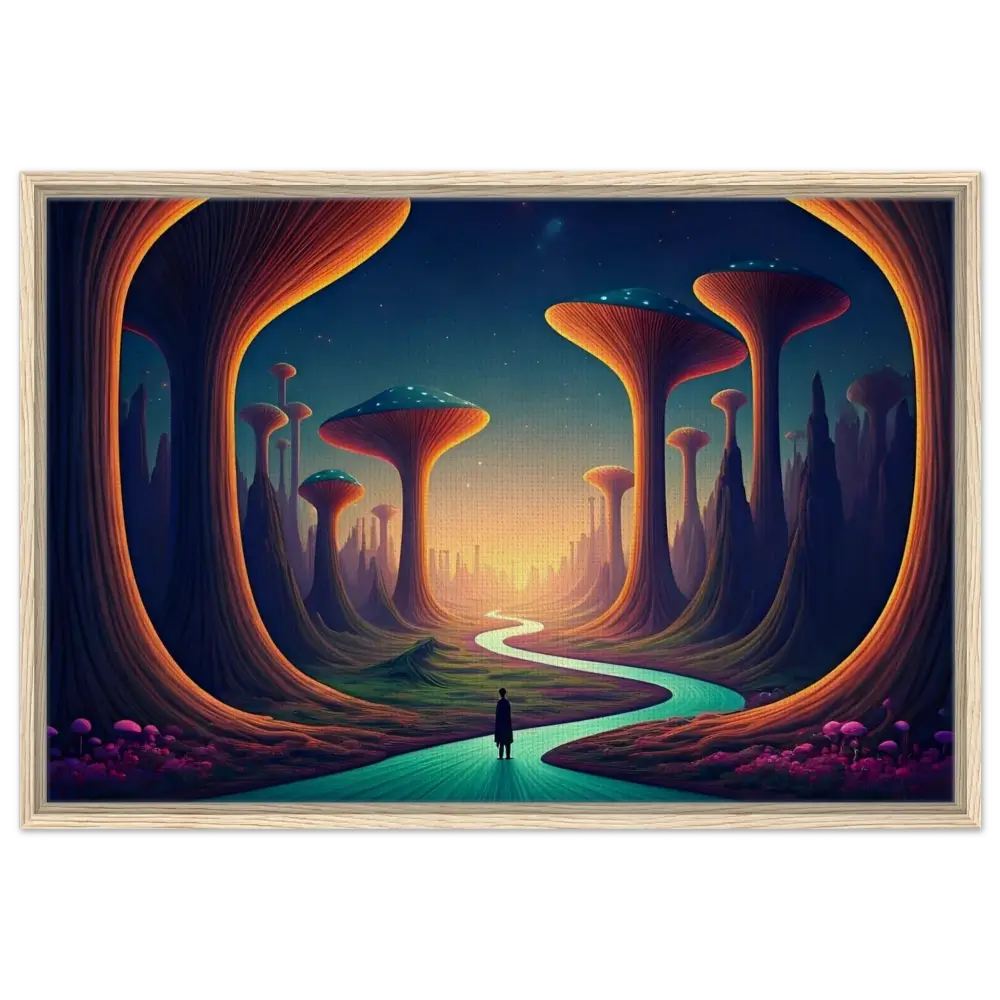 Framed surreal landscape painting in Mushroom Valley Mindwalk Canvas Art by PixiOnyx