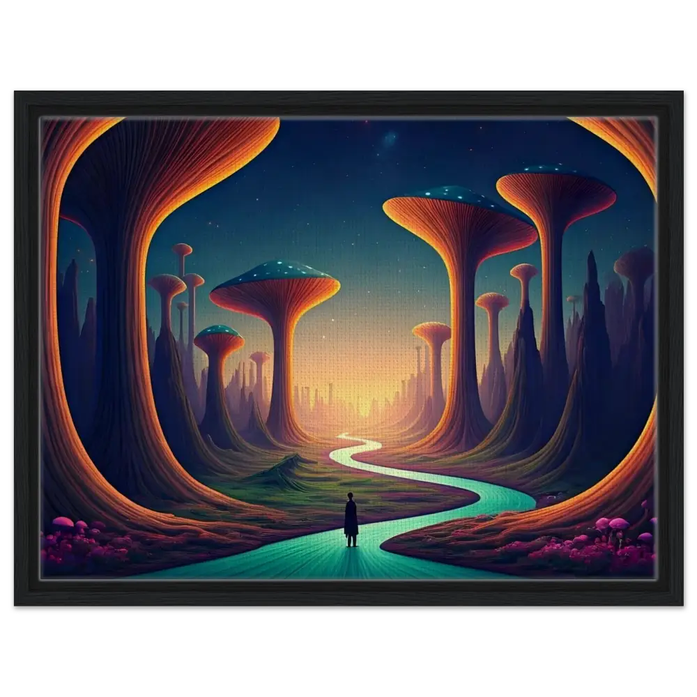 Framed surreal landscape art titled Mushroom Valley Mindwalk displayed on PixiOnyx Dreamworld gallery