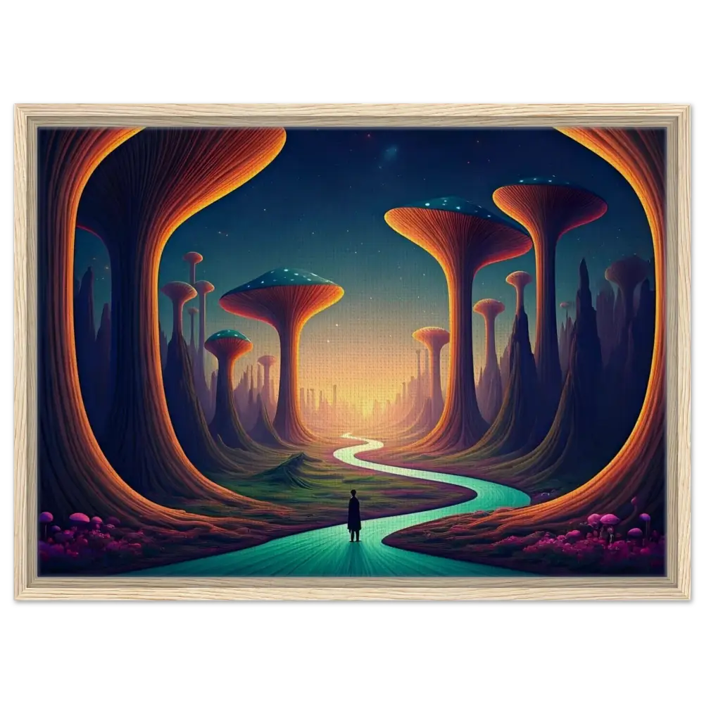 Framed surreal landscape painting from Mushroom Valley Mindwalk on PixiOnyx Dreamworld Display