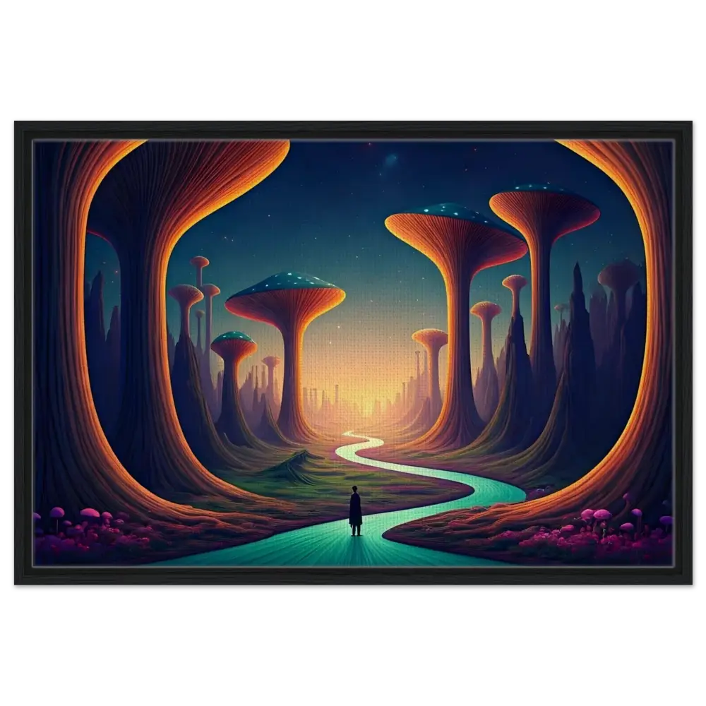 Surreal landscape painting featured in Mushroom Valley Mindwalk Framed Canvas Art from PixiOnyx