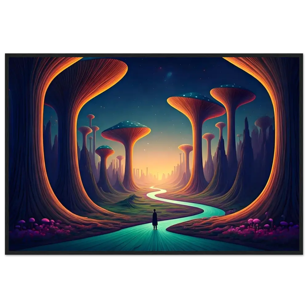 Surreal landscape with mushroom-like trees and winding river in Mushroom Valley Mindwalk poster