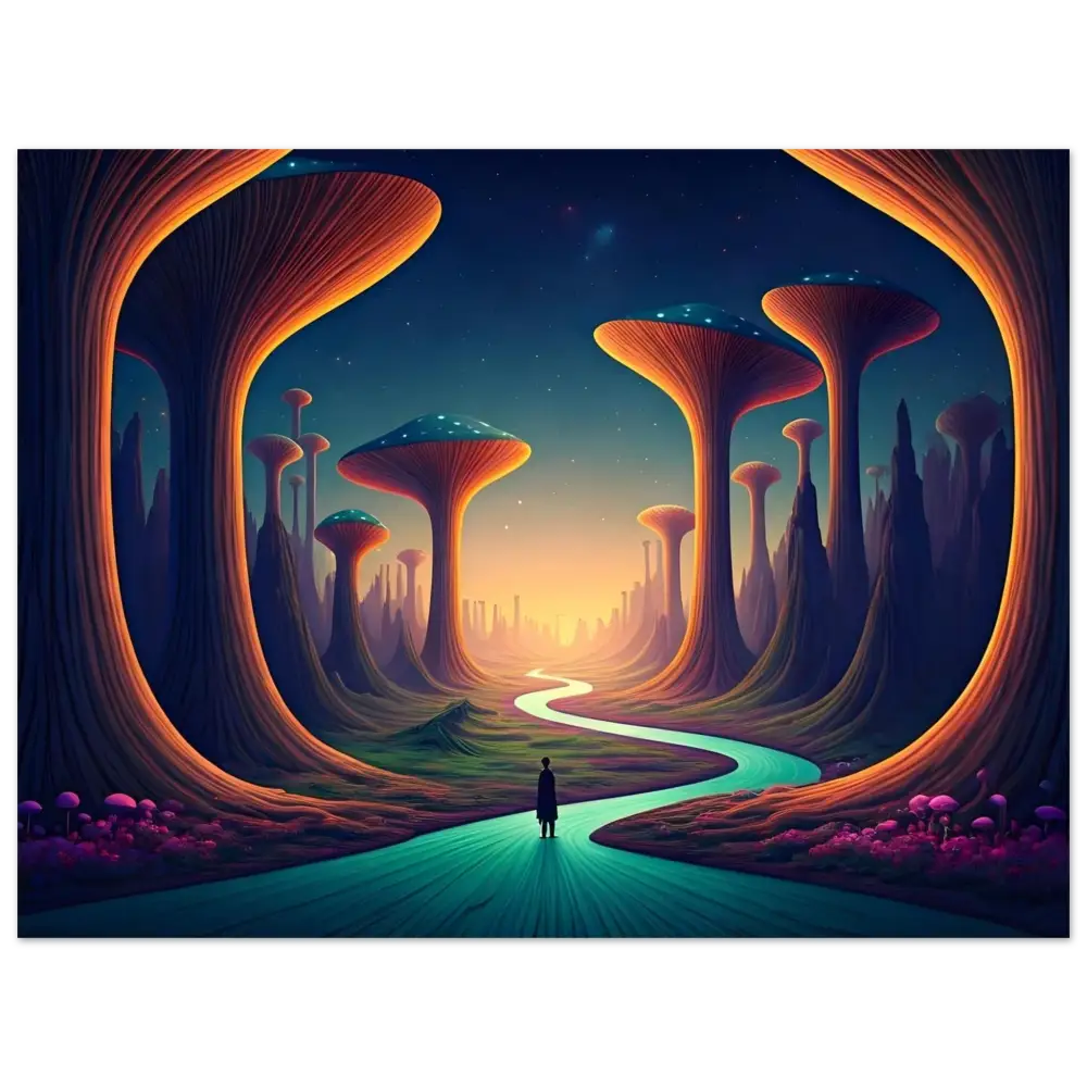 Surreal Mushroom Valley landscape with a figure for PixiOnyx Mindwalk Poster fine art print