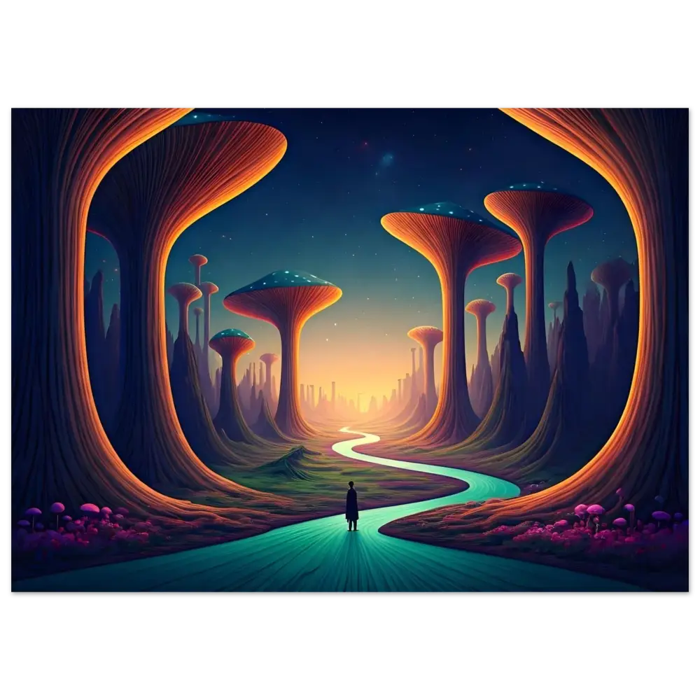 Surreal landscape with glowing flora on Mushroom Valley Mindwalk Poster Fine Art Print
